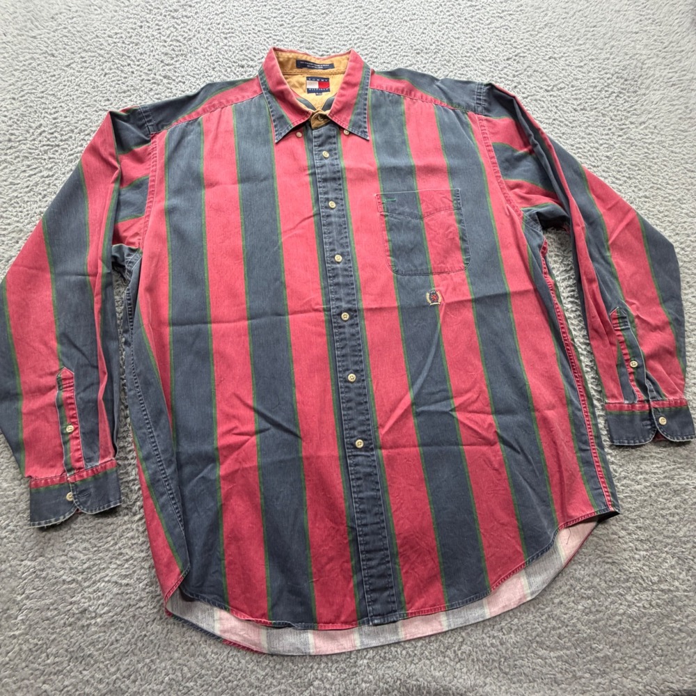 Tommy Hilfiger Button Down Shirt Mens XL Red Blue Striped Vintage Crest Cotton